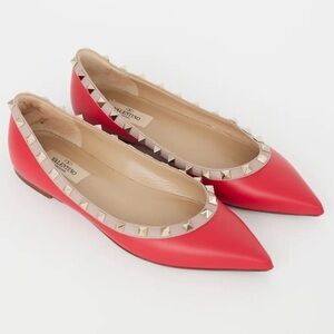 Valentino Rockstud Studded Two Toned Red Beige Leather Pointed Toe Ballet Flats